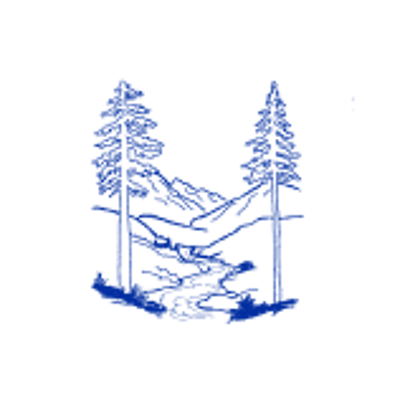 The image shows a stylized, pixelated scene of nature. Two tall, slender pine trees frame a view of distant mountains. A body of water, possibly a lake or river, is visible in the foreground, reflecting the scenery. The color palette is limited, with a dominant dark blue against a black background, giving the image a retro, digital aesthetic.